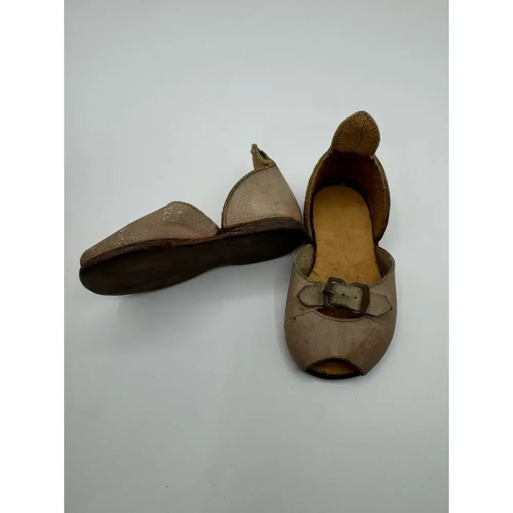 Rare‎ Antique Children's Leather Shoes Peep Toe Buckle Strap Aged Patina 5